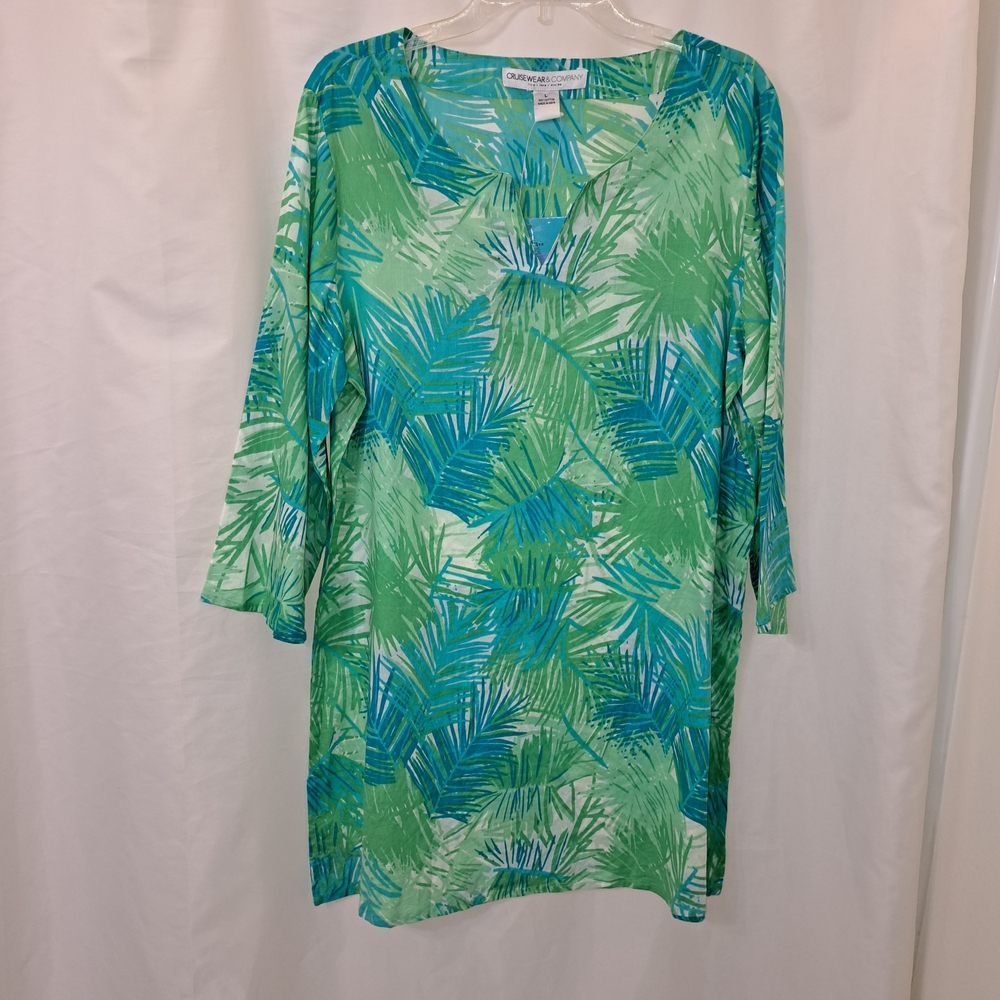 NWT Sz L Tropical Green Palm Swim Cover-Up Made In India 100% Cotton
